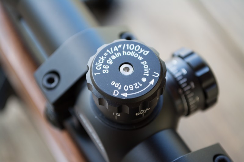 This .22lr scope has all the information you need to do the “math” method of zeroing. Each click will move the point of impact 1/4-inch at 100 yards. 