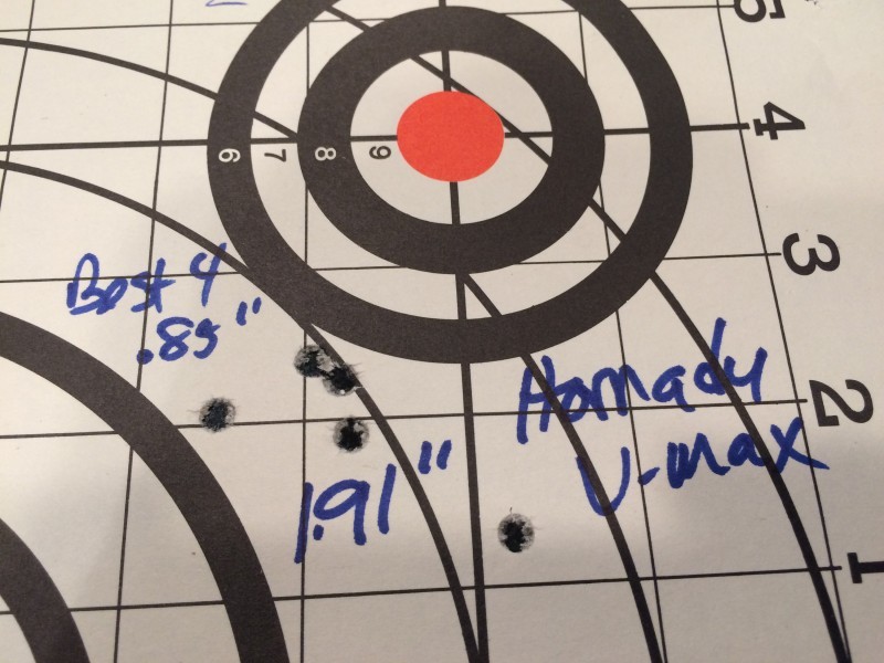 I would disregard the flyer to the lower right and adjust the scope up 2 inches and 1 inch to the right. The 1-inch grid pattern on this target makes adjustment calculations easy.