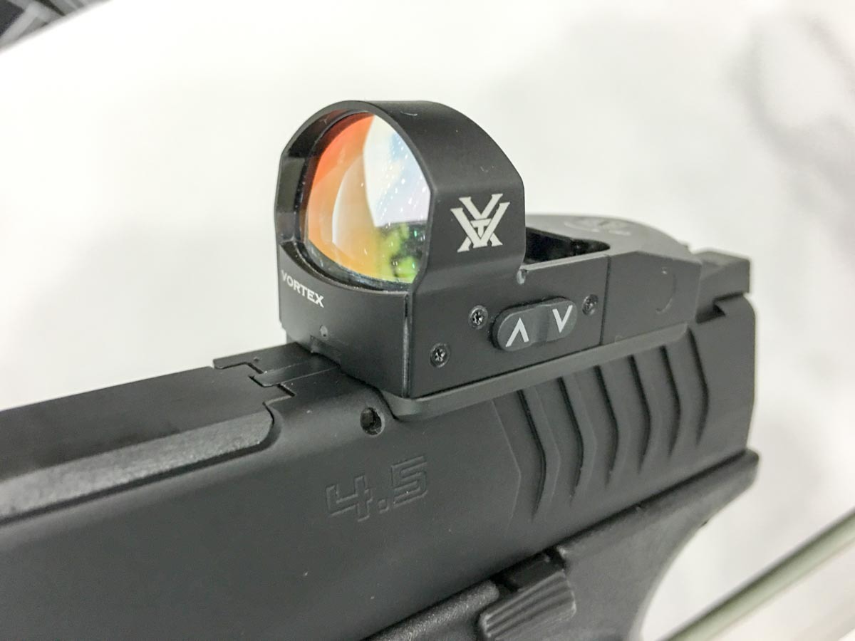The included Vortex Venom red dot sight has 10 brightness adjustments for daylight or low-light use.